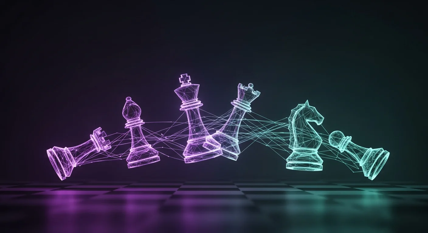 Abstract digital illustration of chess pieces on a dark background with glowing accents.