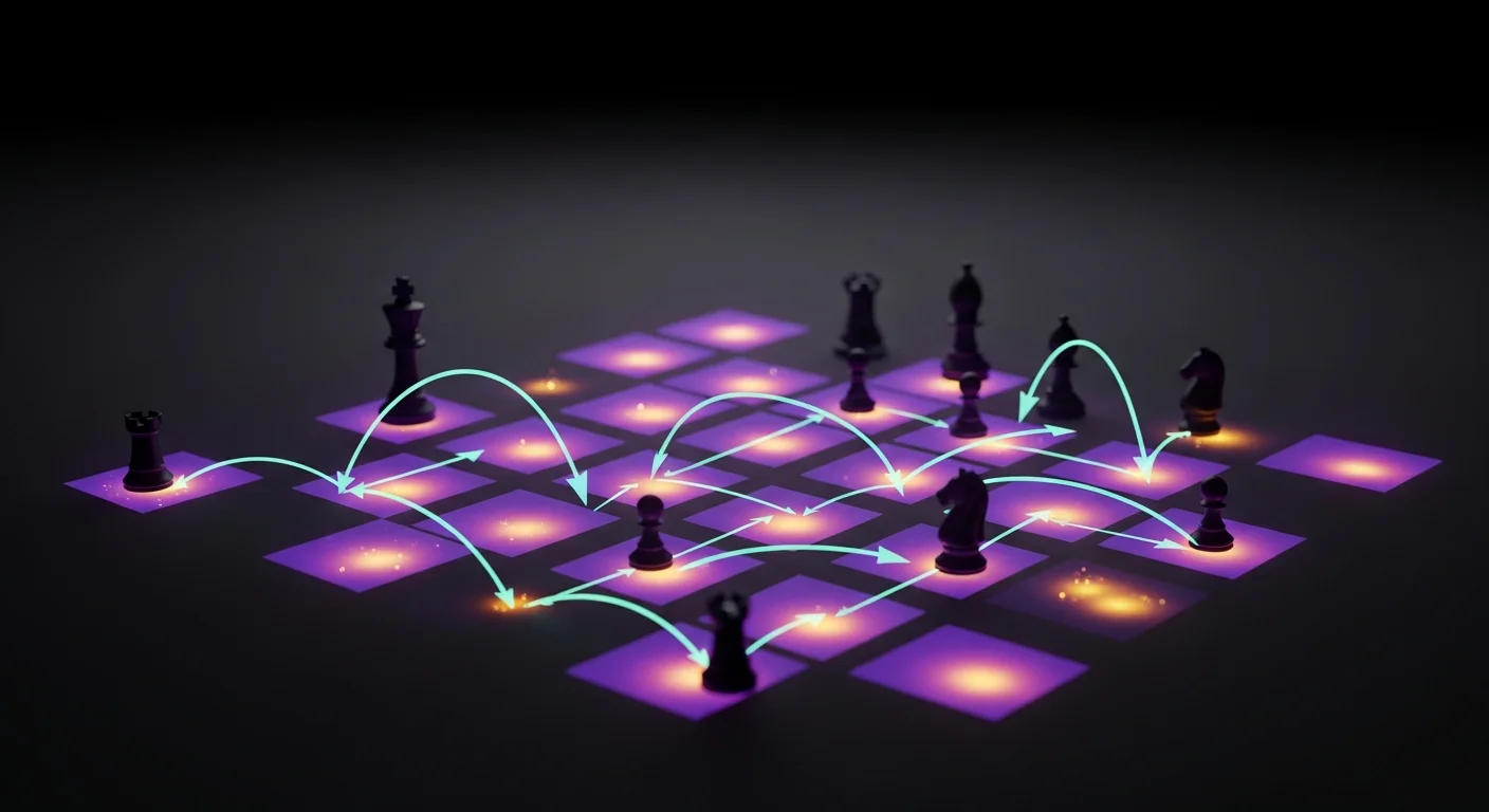 This image supports the section on 'Creating a mental map of the chessboard' by visually representing the detailed processes and patterns players need to establish in their minds, aiding in the understanding of how to navigate chess mentally.