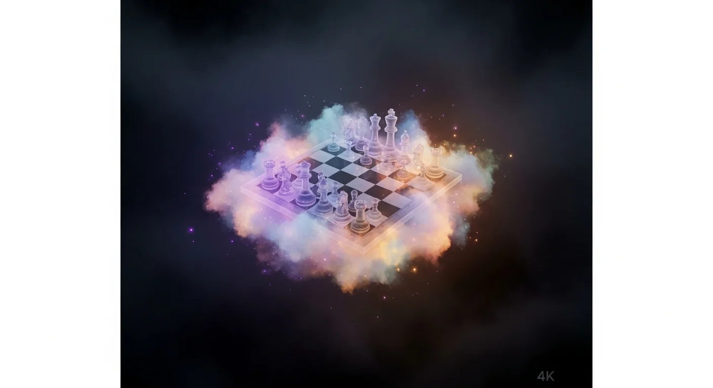 This image represents the ethereal experience of blindfold chess, focusing on visualization and mental clarity, portraying the beauty and complexity of learning and practicing this unique skill.