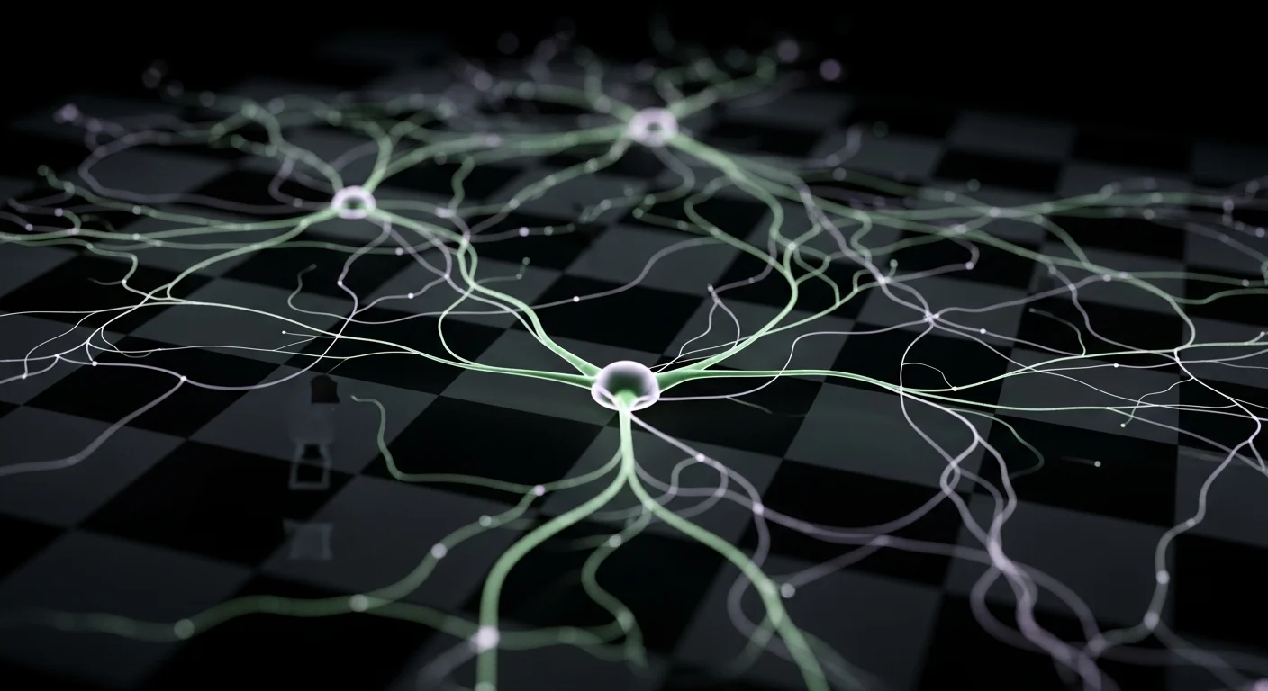 This visualization conveys the article's exploration of the cognitive benefits and skill development in blindfold chess, using abstract imagery to portray the mental processes involved in tracking and visualizing moves.