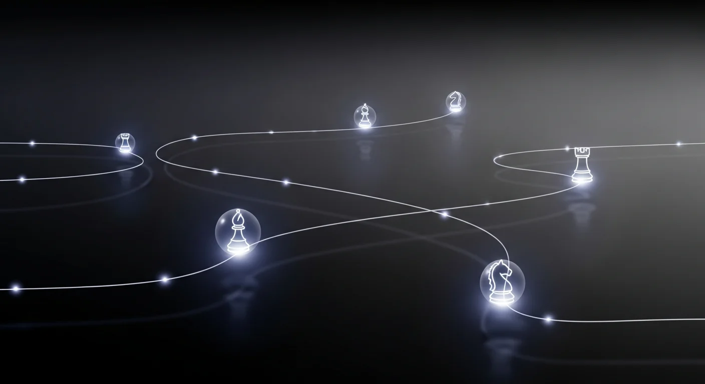 This image visually encapsulates the cognitive aspect of blindfold chess training by illustrating the connections between memory, visualization, and strategy, enhancing the article's exploration of mental skill development.