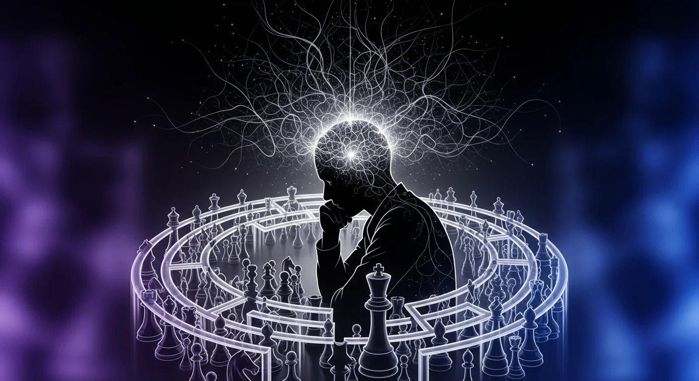 This image encapsulates the profound cognitive processes behind Alekhine's blindfold chess feat, illustrating the mental challenges and strategic thinking involved, enhancing the article's exploration of cognitive limits.