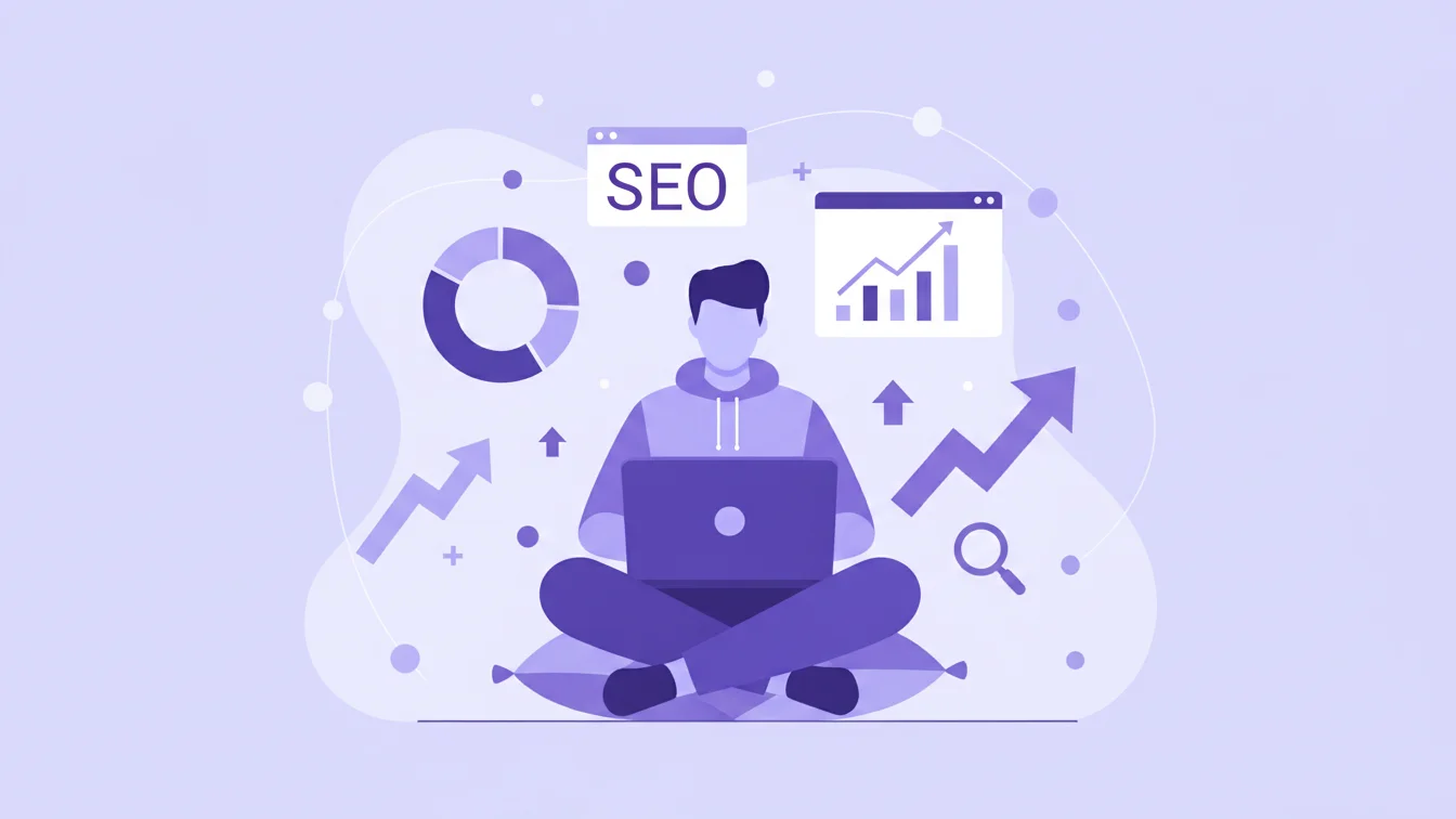 Flat vector illustration in a purple-dominant color palette showing a startup founder or marketer analyzing SEO data on a laptop, surrounded by charts, graphs, magnifying glass icons, and upward arrows symbolizing search growth. The scene should represent the importance of SEO for startup visibility and growth. Use a clean flat design, minimalist geometric style, and modern startup aesthetic with shades of purple, lavender, and white. Keep the person as the focal point, maintain balance in compo