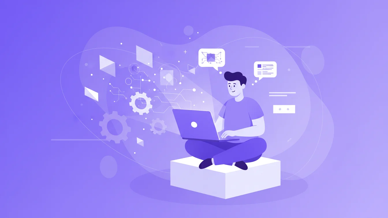 Flat vector illustration in a purple-dominant color palette showing a startup founder or content creator working on a laptop, with AI elements such as gears, circuits, and floating text blocks symbolizing automated article generation. The scene should represent how Instablog automates content creation with intelligence and efficiency. Use a clean flat design, minimalist geometric shapes, and modern startup aesthetic in shades of purple, lavender, and white. Keep the person as the focal point, wi