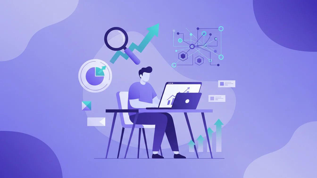 Flat vector illustration in a purple-dominant color palette showing a startup founder or marketer using a laptop, surrounded by SEO-related visuals such as charts, analytics dashboards, magnifying glass icons, ranking arrows, and AI network lines. The composition should represent the key features of Instablog for SEO optimization, emphasizing automation, performance tracking, and content visibility. Use a clean flat design, minimalist geometric layout, and modern startup aesthetic with shades of