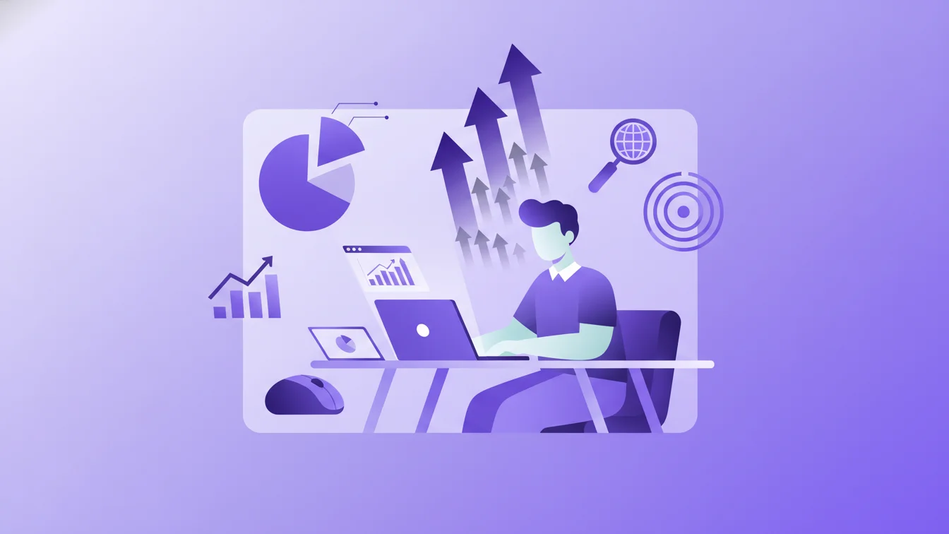 Flat vector illustration in a purple-dominant color palette showing a focused startup founder or digital marketer working at a desk, analyzing a laptop with SEO charts, ranking arrows, and progress indicators around them. Include subtle visual metaphors for the 80/20 rule — such as a pie chart highlighting a small yet impactful segment, or a few large icons among many smaller ones, symbolizing focus on high-impact tasks. Use a clean flat design, minimalist geometric style, and modern startup aes