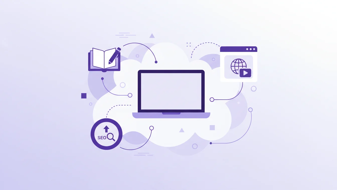 Flat vector illustration in a purple-dominant color palette showing affordable and accessible blogging tools represented by connected digital elements like laptops, writing apps, SEO icons, and publishing interfaces. The composition should convey simplicity, accessibility, and empowerment, symbolizing top affordable blogging tools for beginners to start their journey. Use a clean flat design, minimalist geometric layout, and modern startup aesthetic in shades of purple, lavender, and white. Avoi