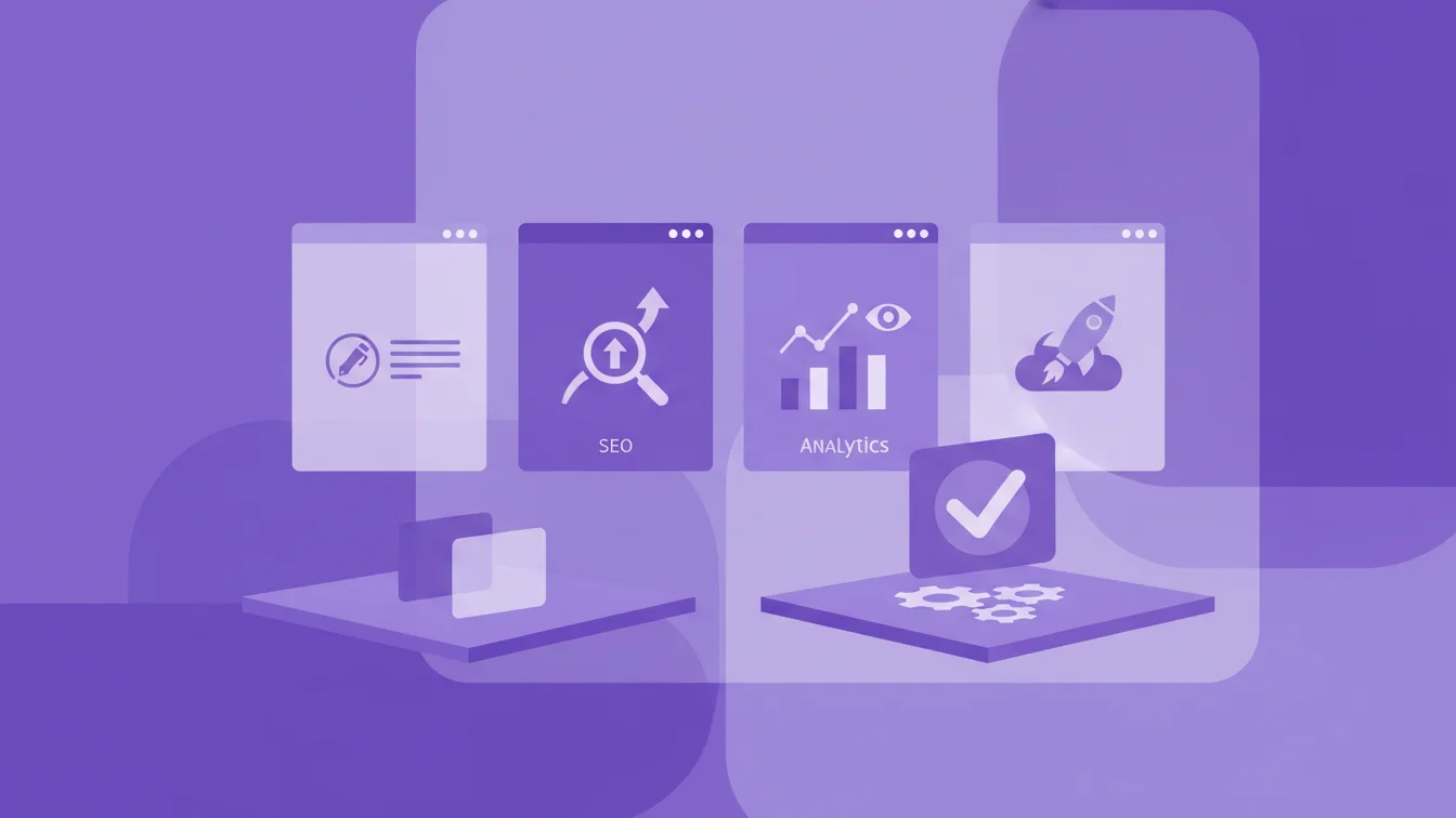 Flat vector illustration in a purple-dominant color palette showing various blogging tools represented as floating digital cards or screens, each symbolizing different features (writing, SEO, analytics, publishing). The scene should depict comparison and thoughtful selection, illustrating the idea of choosing the right blogging tool for your needs. Use a clean flat design, minimalist geometric layout, and modern startup aesthetic with shades of purple, lavender, and white. Avoid human figures, k